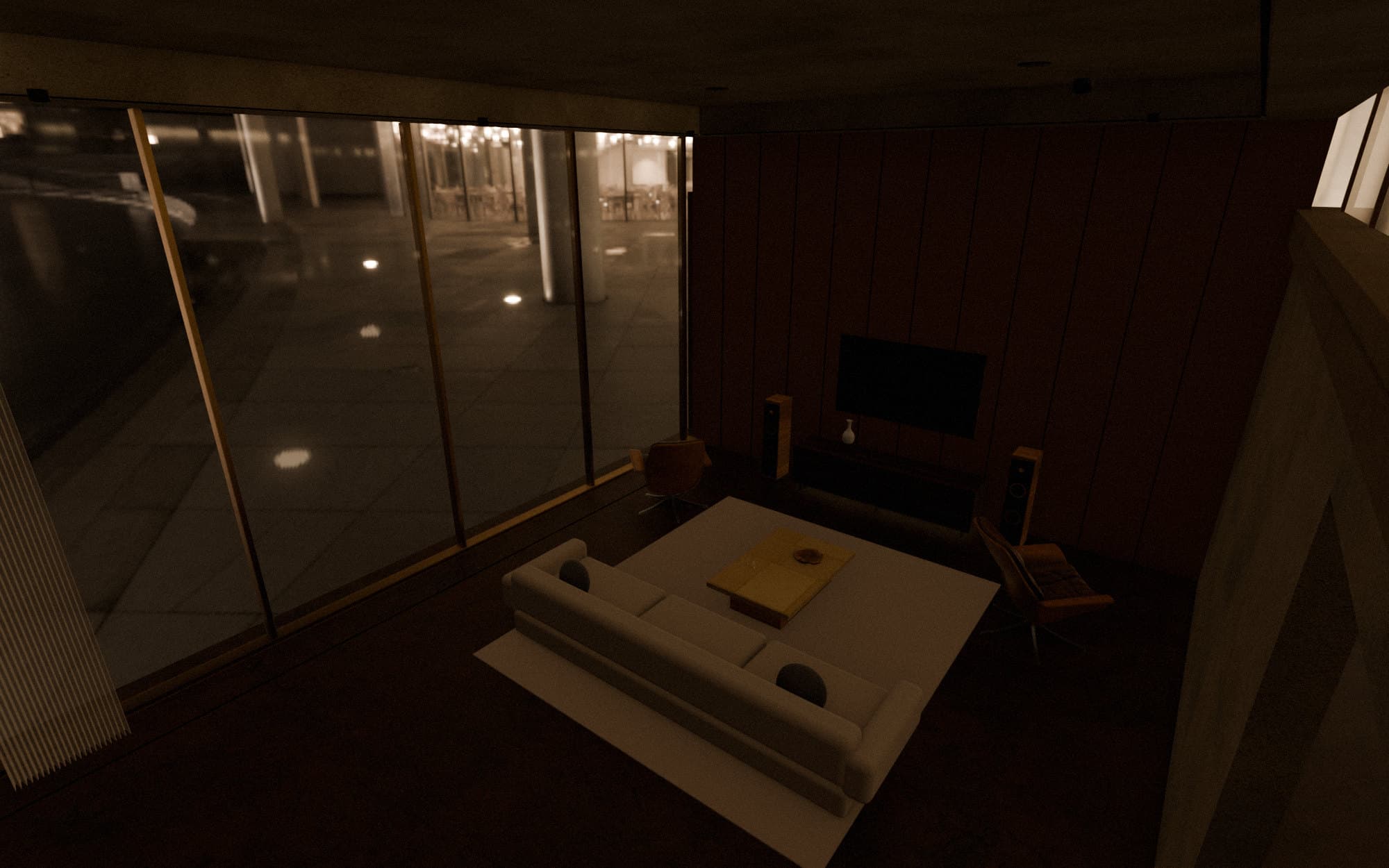 Visualisation: the same living room before the scene, with curtains open to the city at night and the lighting off.